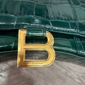Balenciaga Green Croc-Embossed Shoulder Bag with Gold Logo